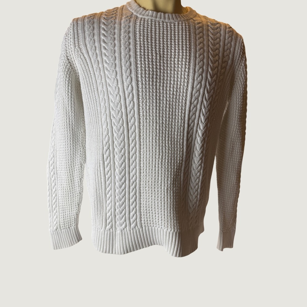 Banana Republic Supima Cotton Cable Knit Sweater Large Ivory Crewneck Pullover